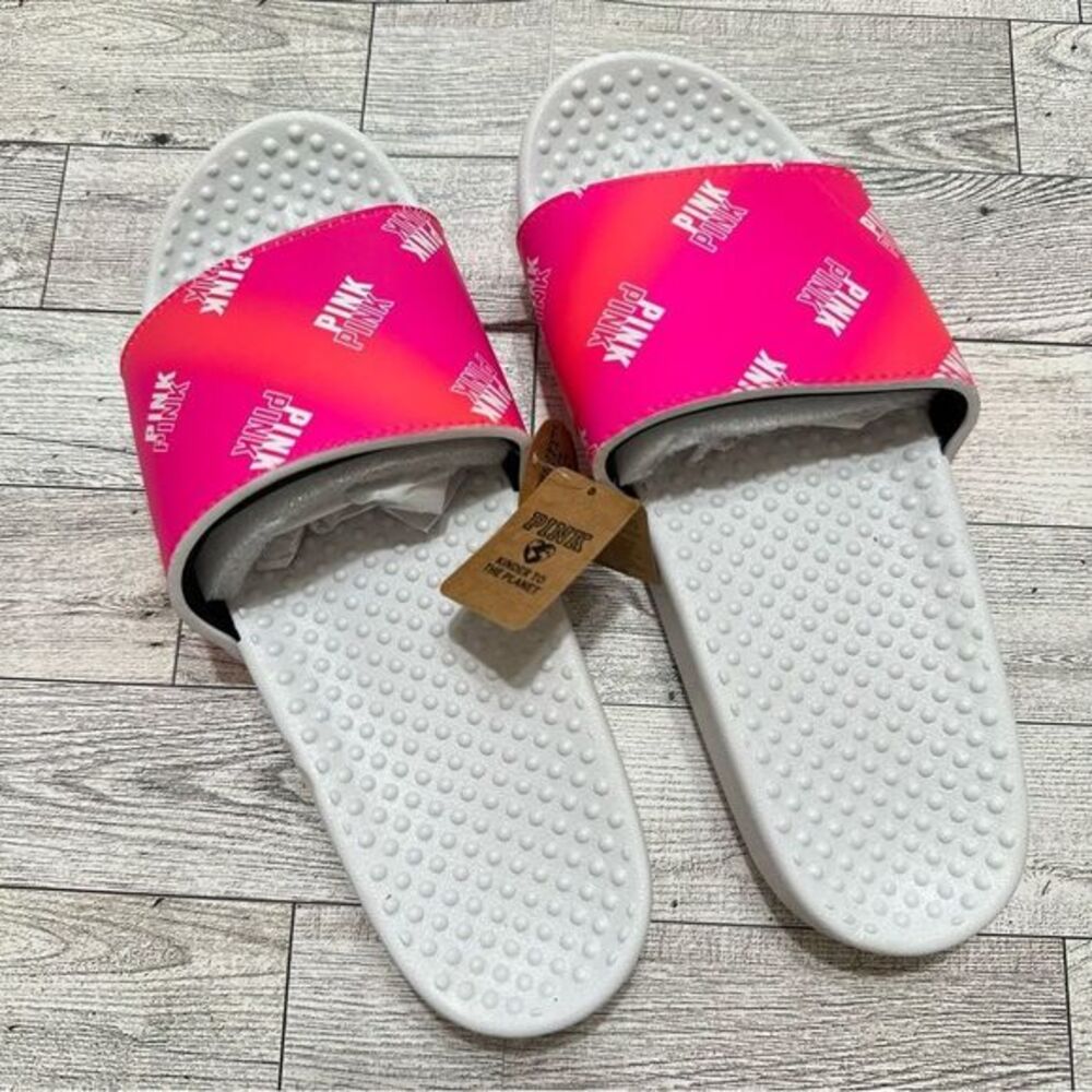 VICTORIA'S SECRET PINK LOGO ORANGE & PINK OMBRE SLIDES NWT - Picture 2 of 7
